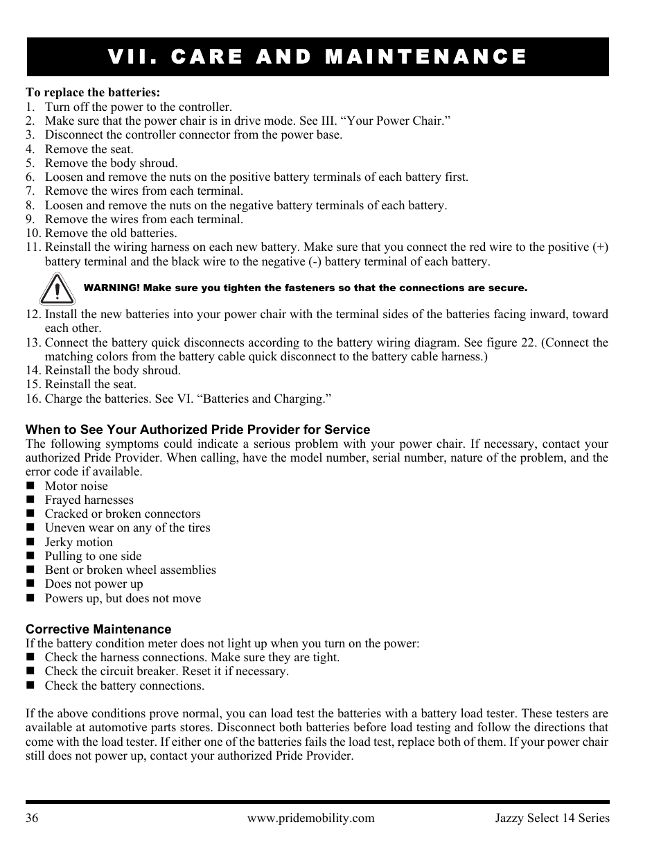 Vii. care and maintenance | Pride Mobility Jazzy Select 14 User Manual | Page 36 / 43