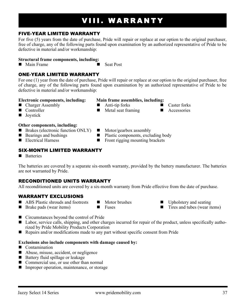 Viii. warranty | Pride Mobility Jazzy Select 14 User Manual | Page 37 / 43
