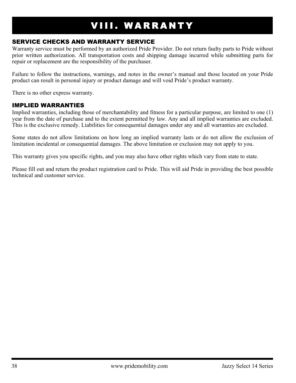 Viii. warranty | Pride Mobility Jazzy Select 14 User Manual | Page 38 / 43