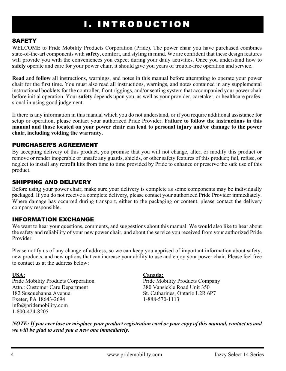 I. introduction | Pride Mobility Jazzy Select 14 User Manual | Page 4 / 43