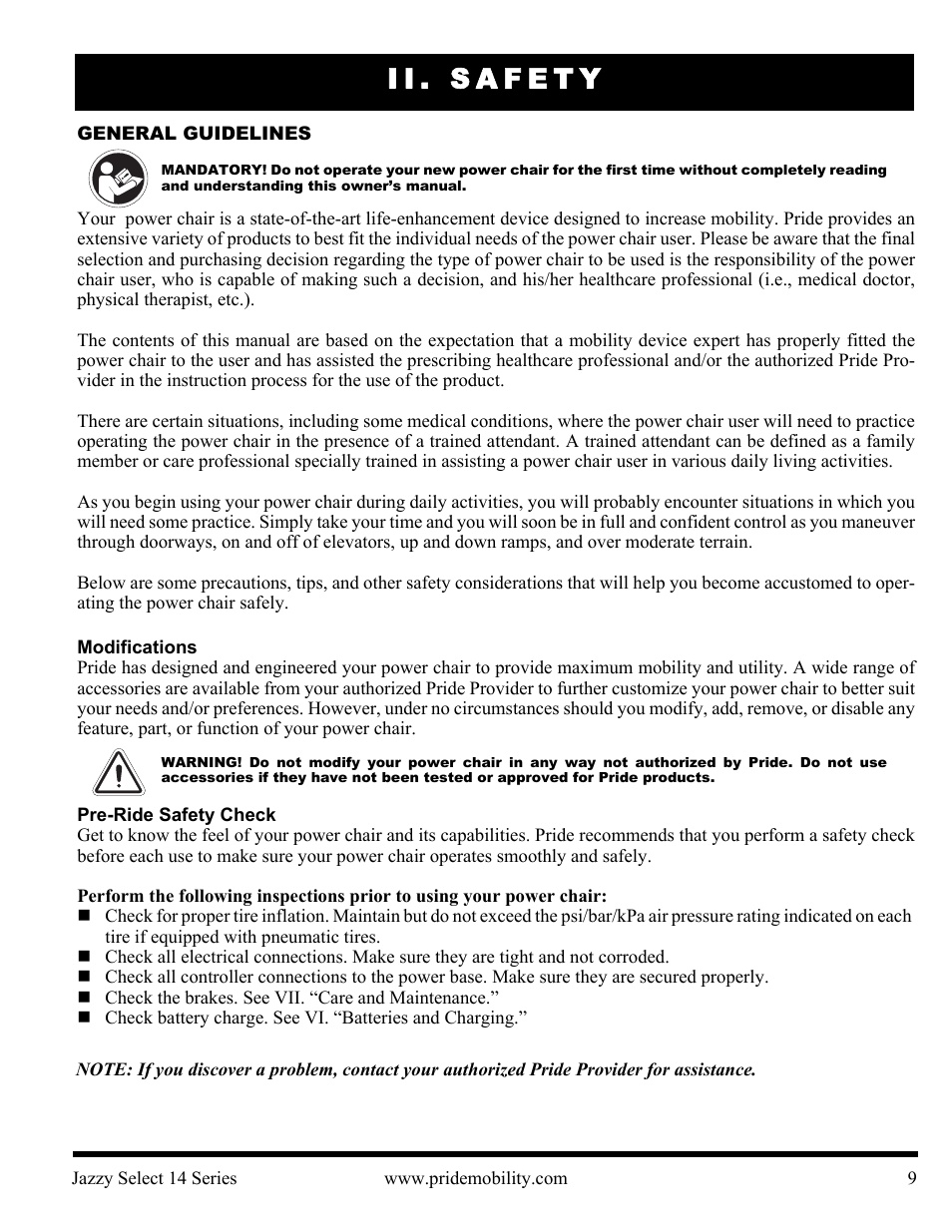 Ii. safety | Pride Mobility Jazzy Select 14 User Manual | Page 9 / 43