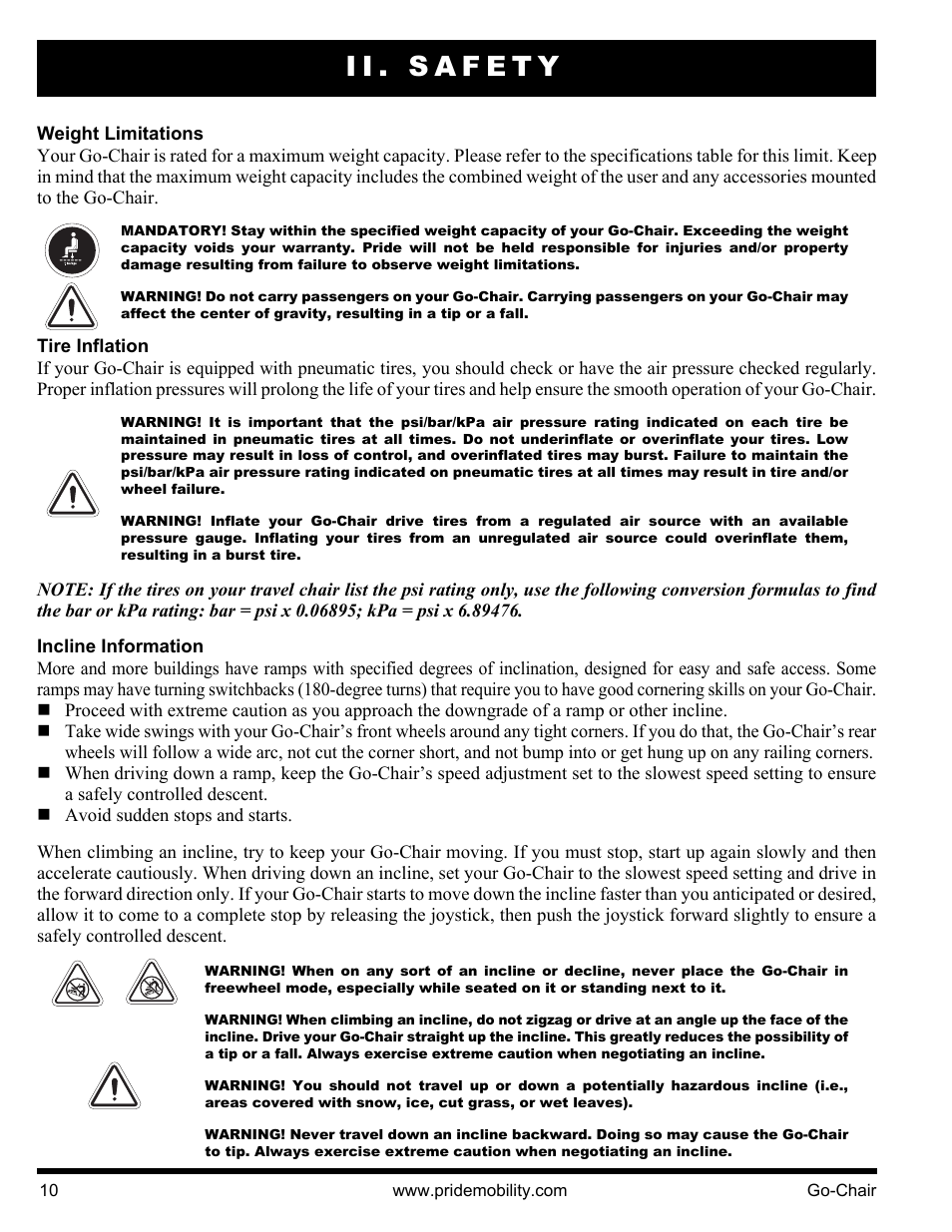 Ii. safety | Pride Mobility 1400 User Manual | Page 10 / 44