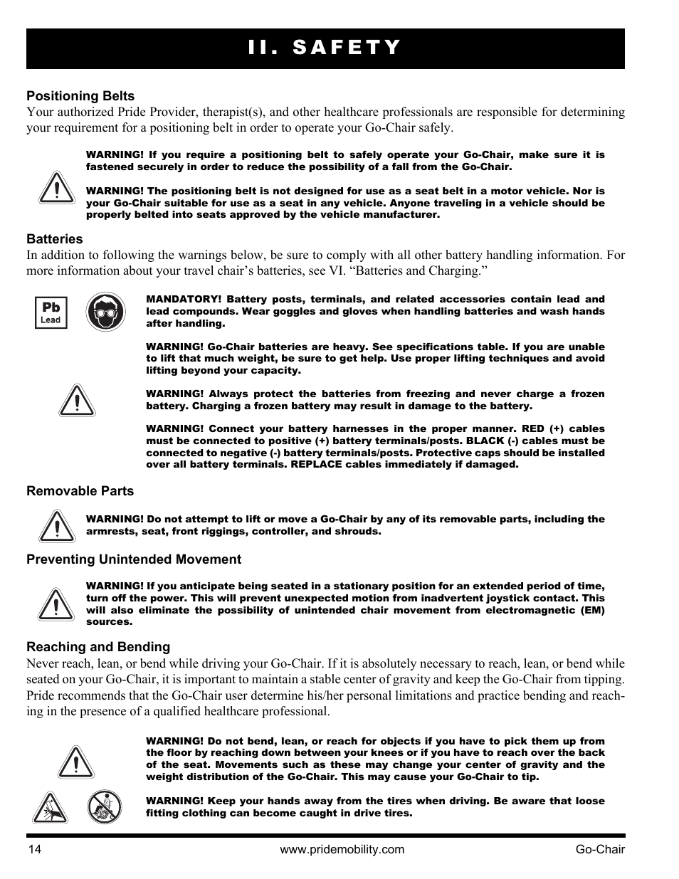 Ii. safety | Pride Mobility 1400 User Manual | Page 14 / 44