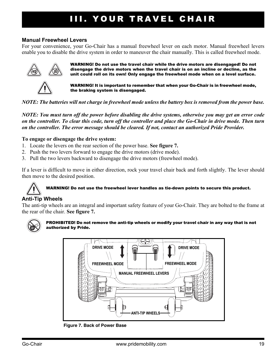 Iii. your travel chair | Pride Mobility 1400 User Manual | Page 19 / 44