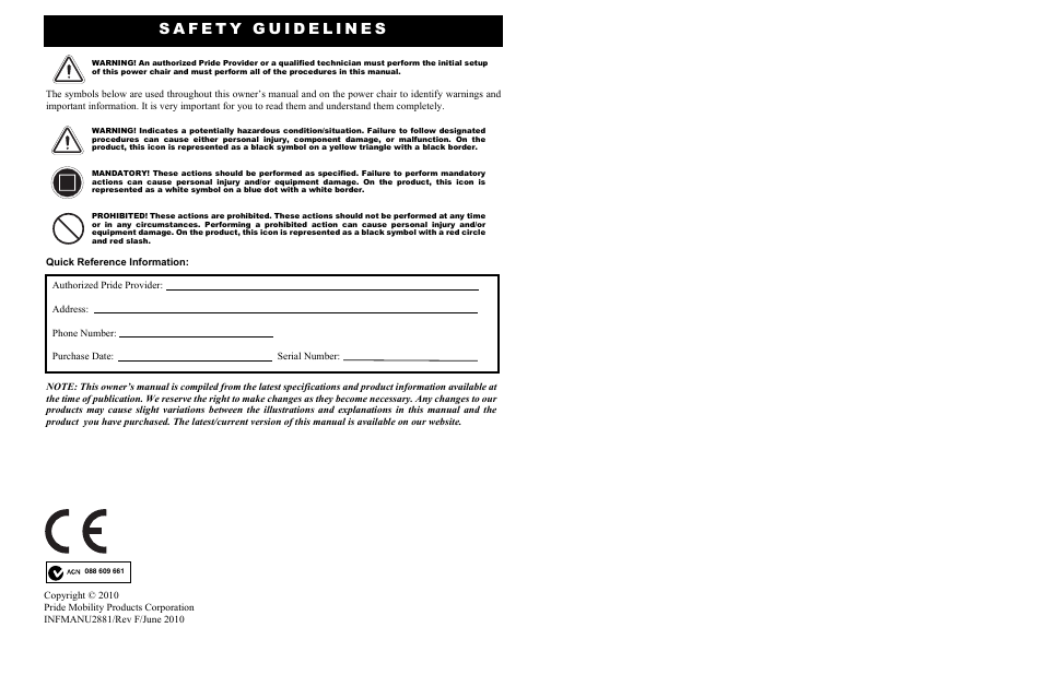 Safety guidelines | Pride Mobility 1400 User Manual | Page 2 / 44