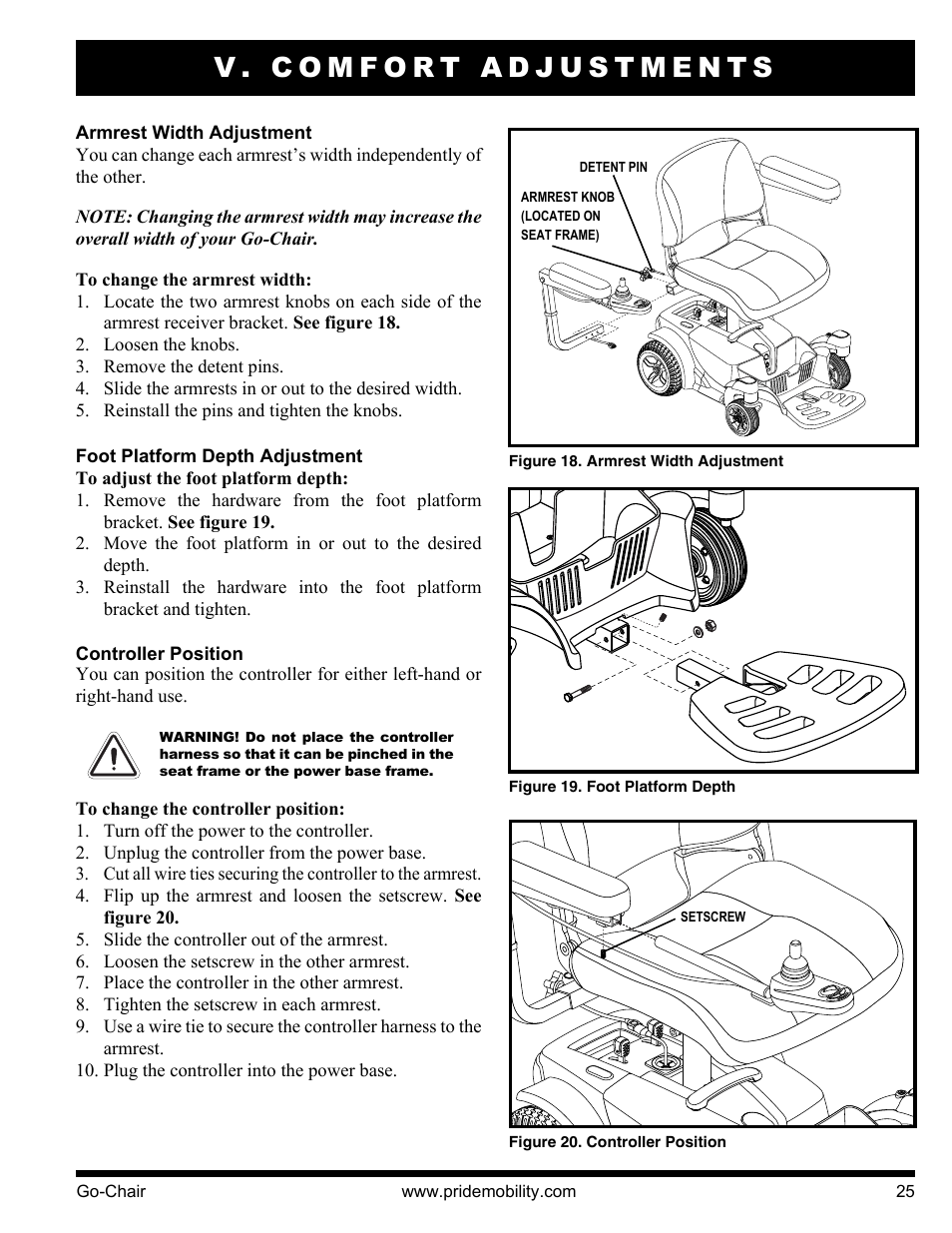 V. comfort adjustments | Pride Mobility 1400 User Manual | Page 25 / 44