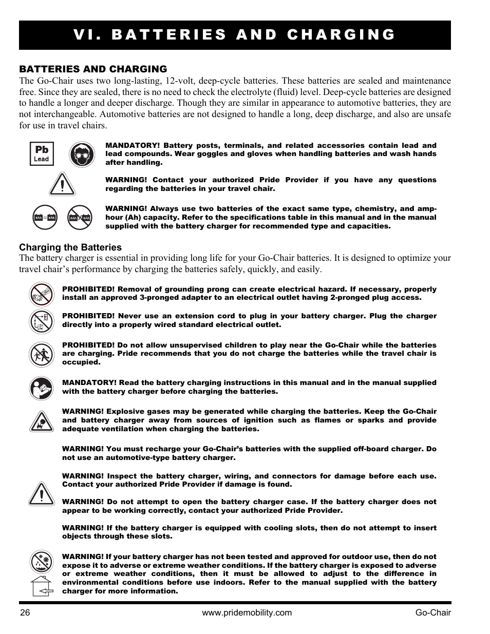 Vi. batteries and charging | Pride Mobility 1400 User Manual | Page 26 / 44