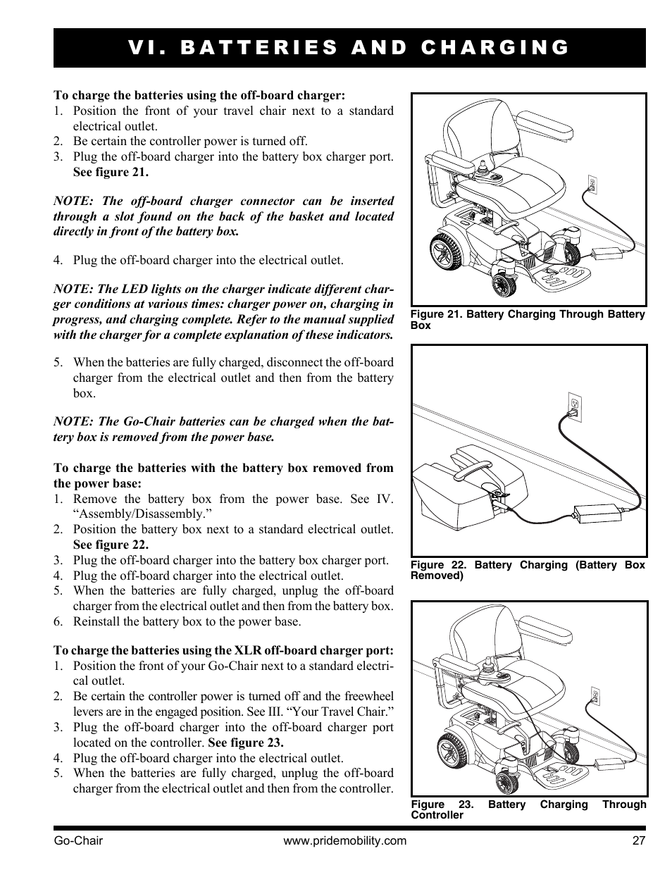Vi. batteries and charging | Pride Mobility 1400 User Manual | Page 27 / 44