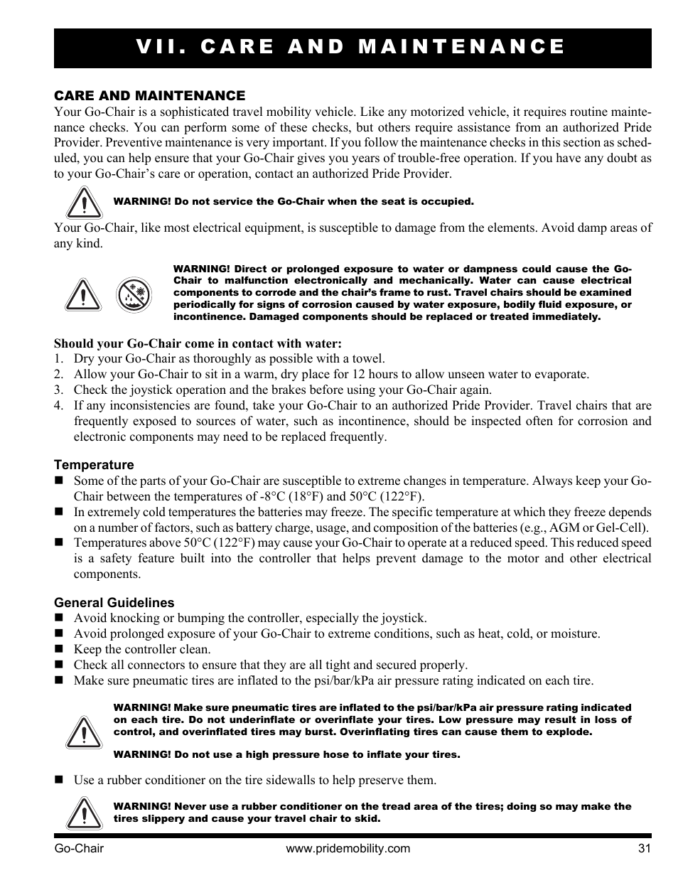 Vii. care and maintenance | Pride Mobility 1400 User Manual | Page 31 / 44