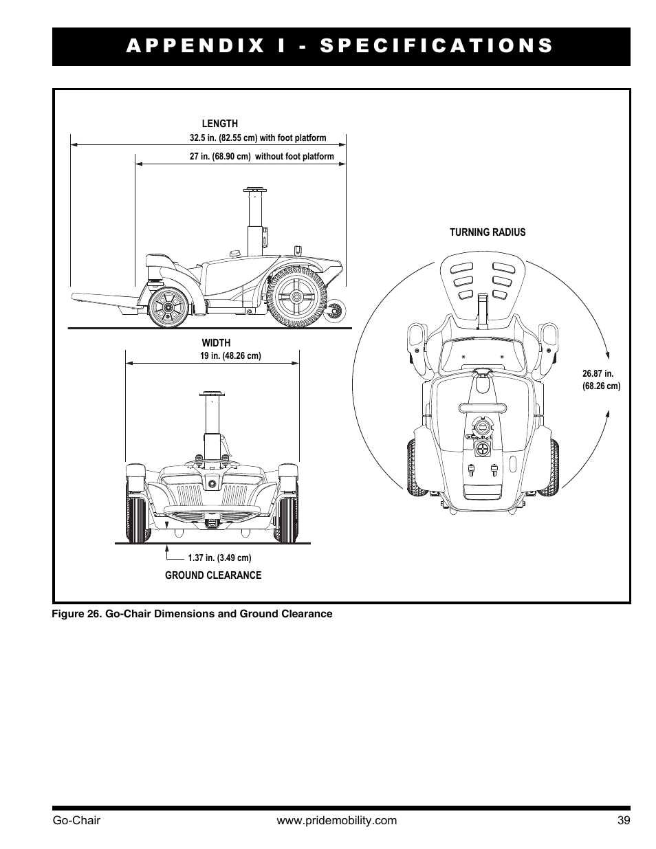 Appendix i - specifications | Pride Mobility 1400 User Manual | Page 39 / 44