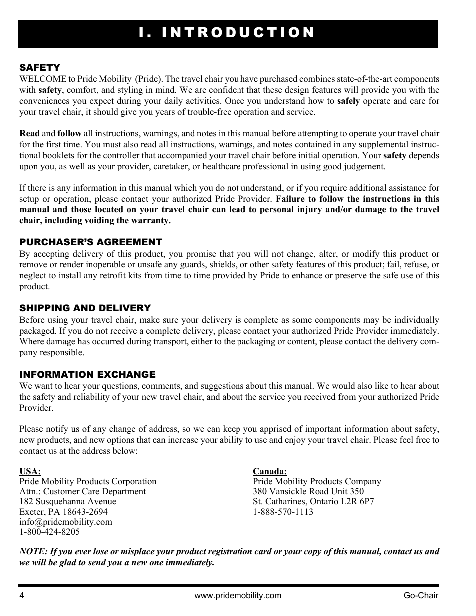 I. introduction | Pride Mobility 1400 User Manual | Page 4 / 44