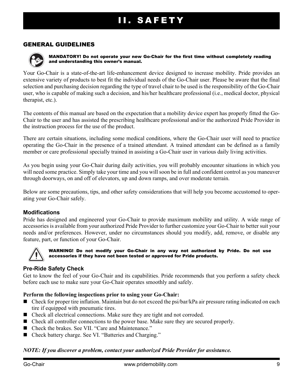 Ii. safety | Pride Mobility 1400 User Manual | Page 9 / 44