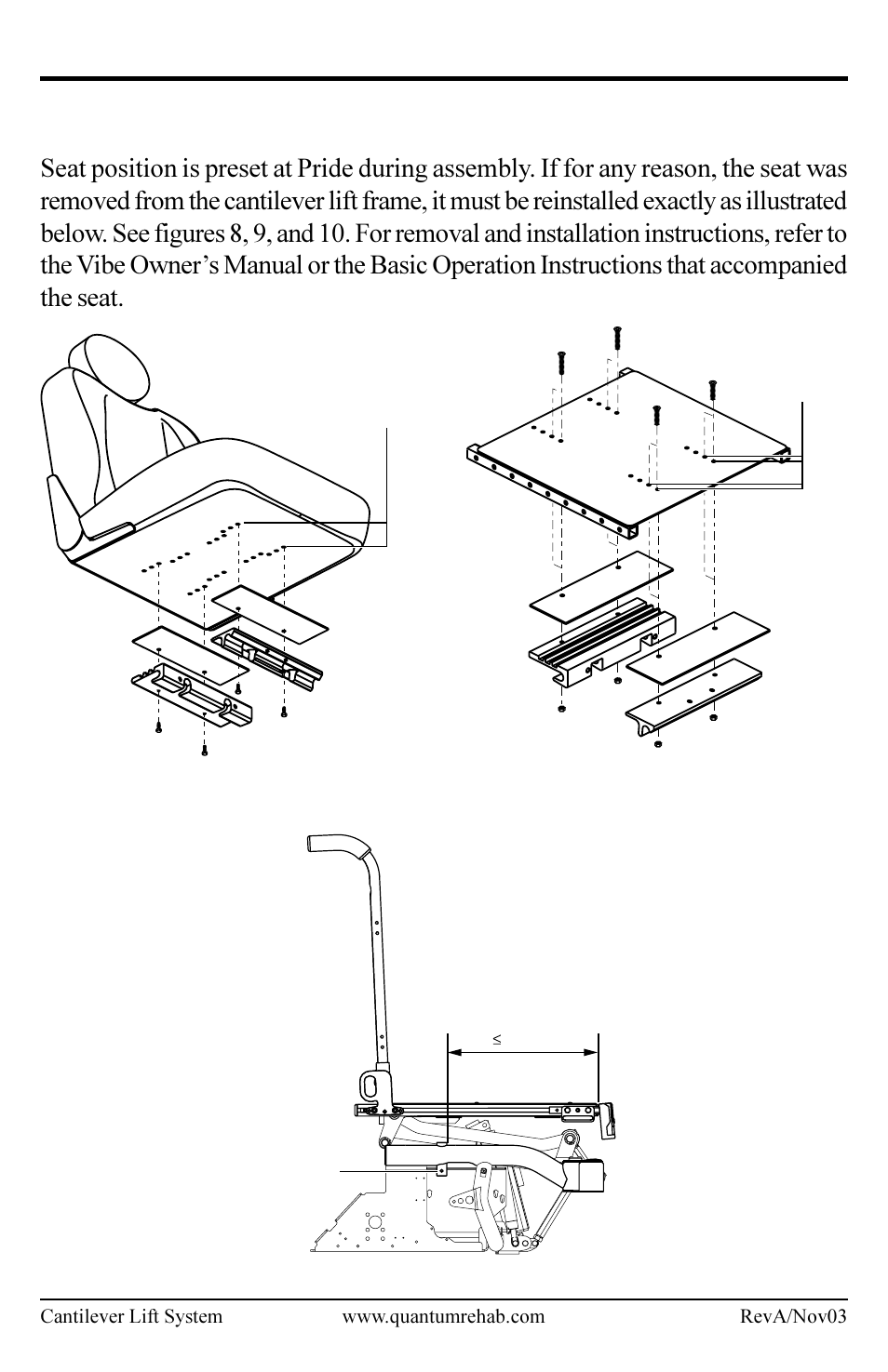 Seat position adjustment | Pride Mobility Cantilever Lift System User Manual | Page 14 / 16