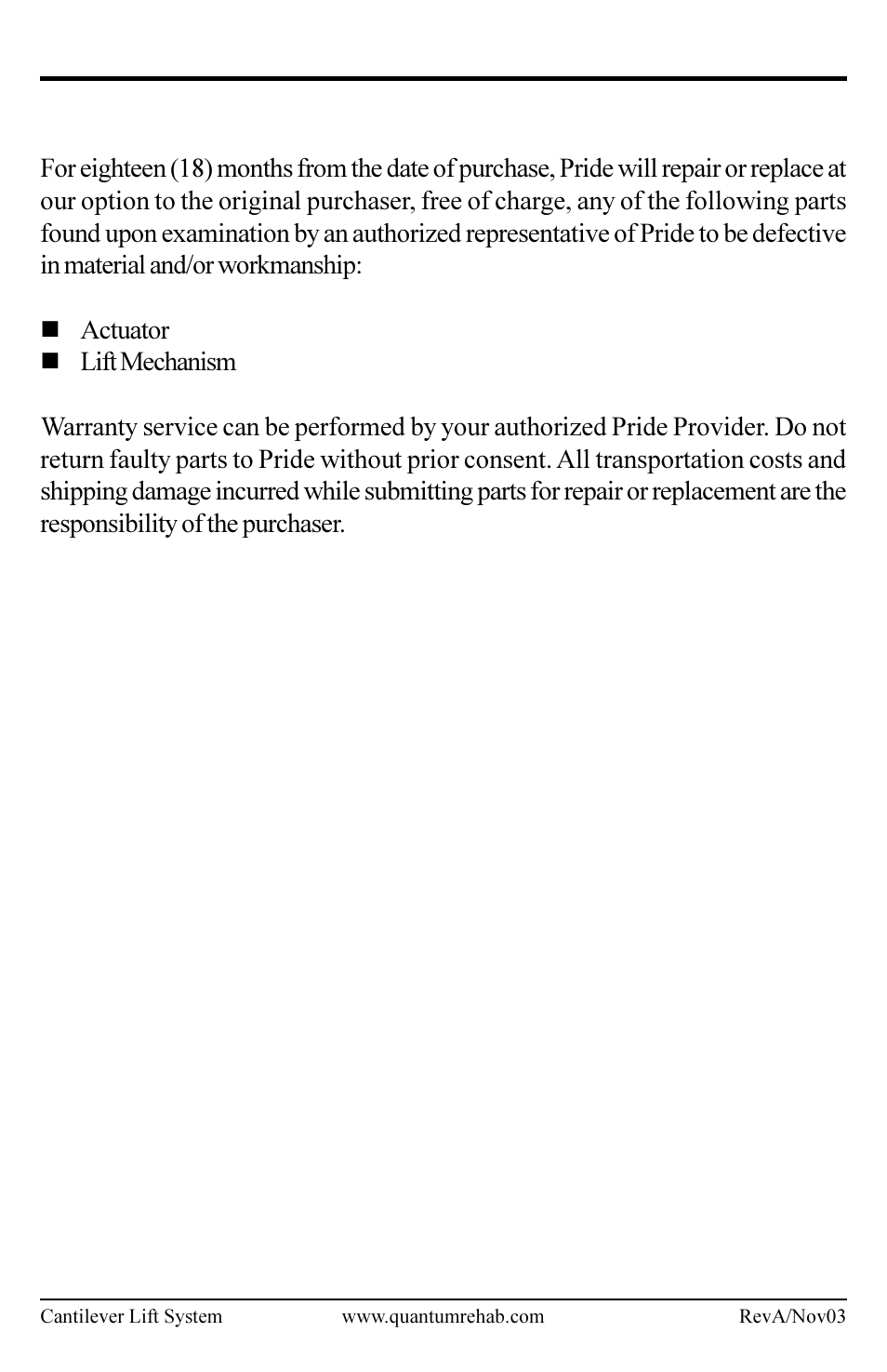Month limited warranty | Pride Mobility Cantilever Lift System User Manual | Page 15 / 16