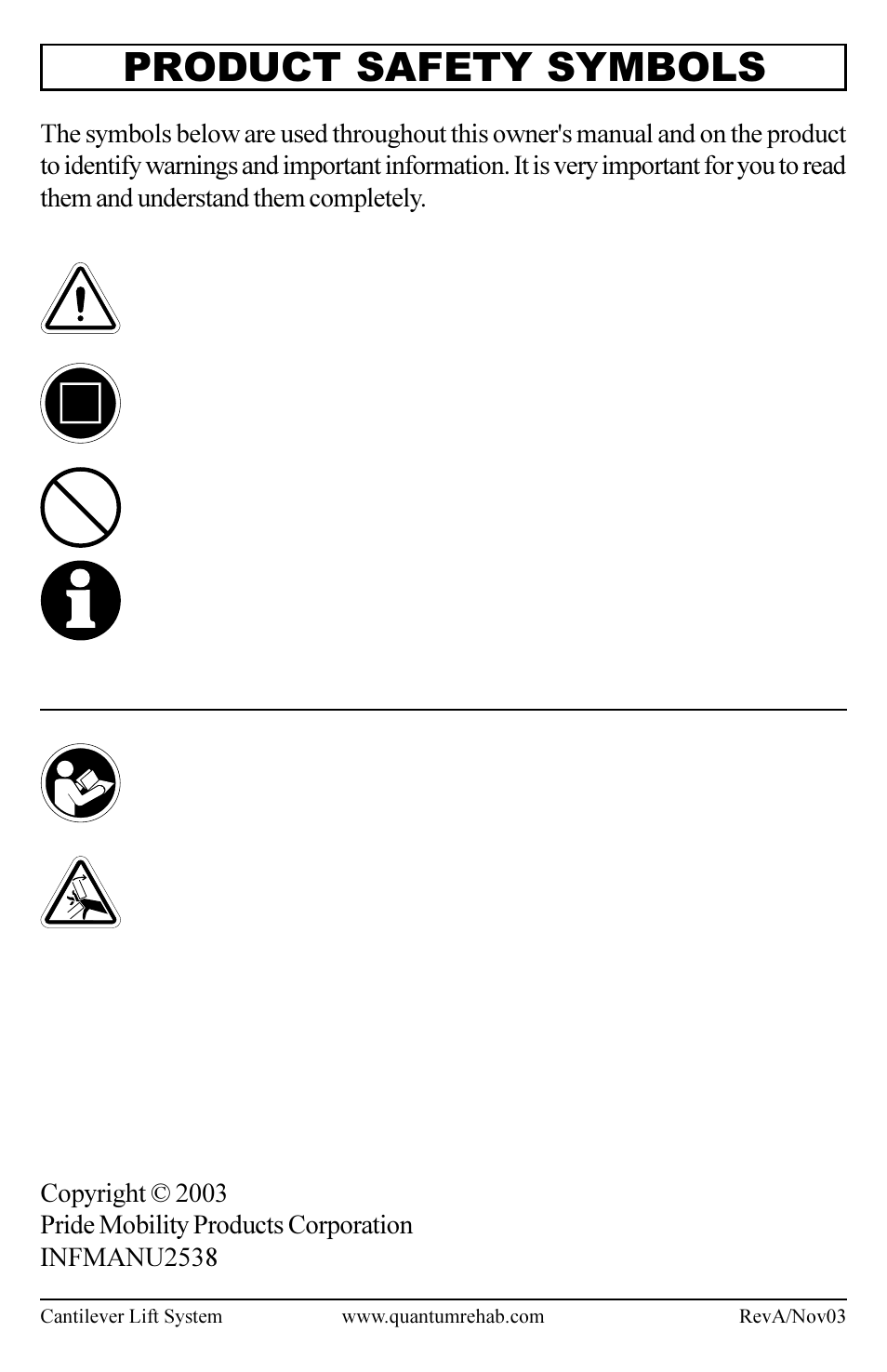 Product safety symbols | Pride Mobility Cantilever Lift System User Manual | Page 2 / 16
