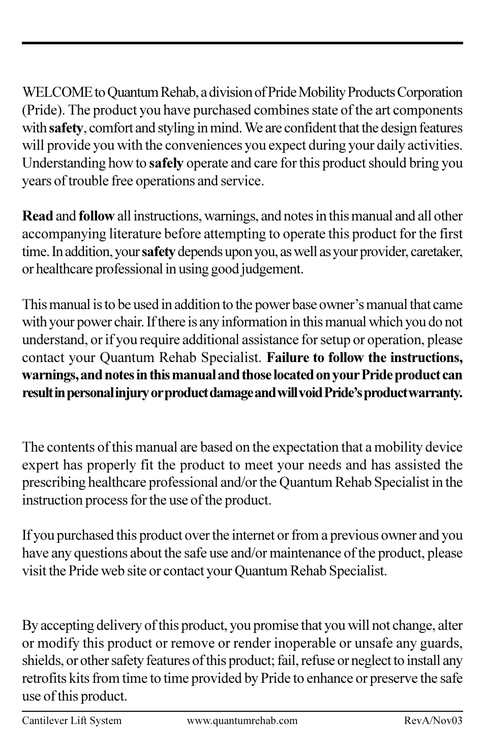 Safety, Internet and private purchases, Purchaser’s agreement | Pride Mobility Cantilever Lift System User Manual | Page 4 / 16