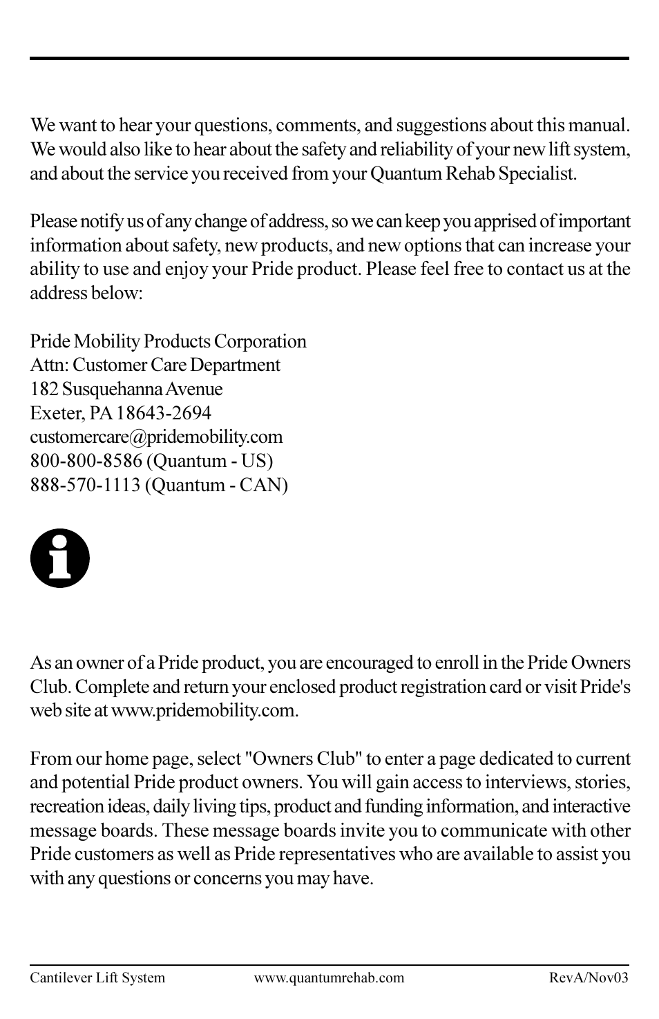 Information exchange, Pride owner’s club | Pride Mobility Cantilever Lift System User Manual | Page 5 / 16