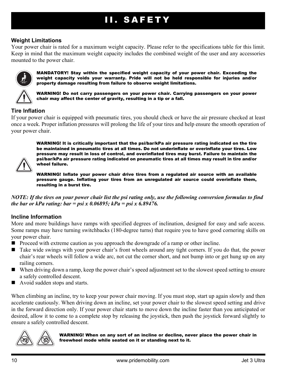 Ii. safety | Pride Mobility JET 3 User Manual | Page 10 / 48