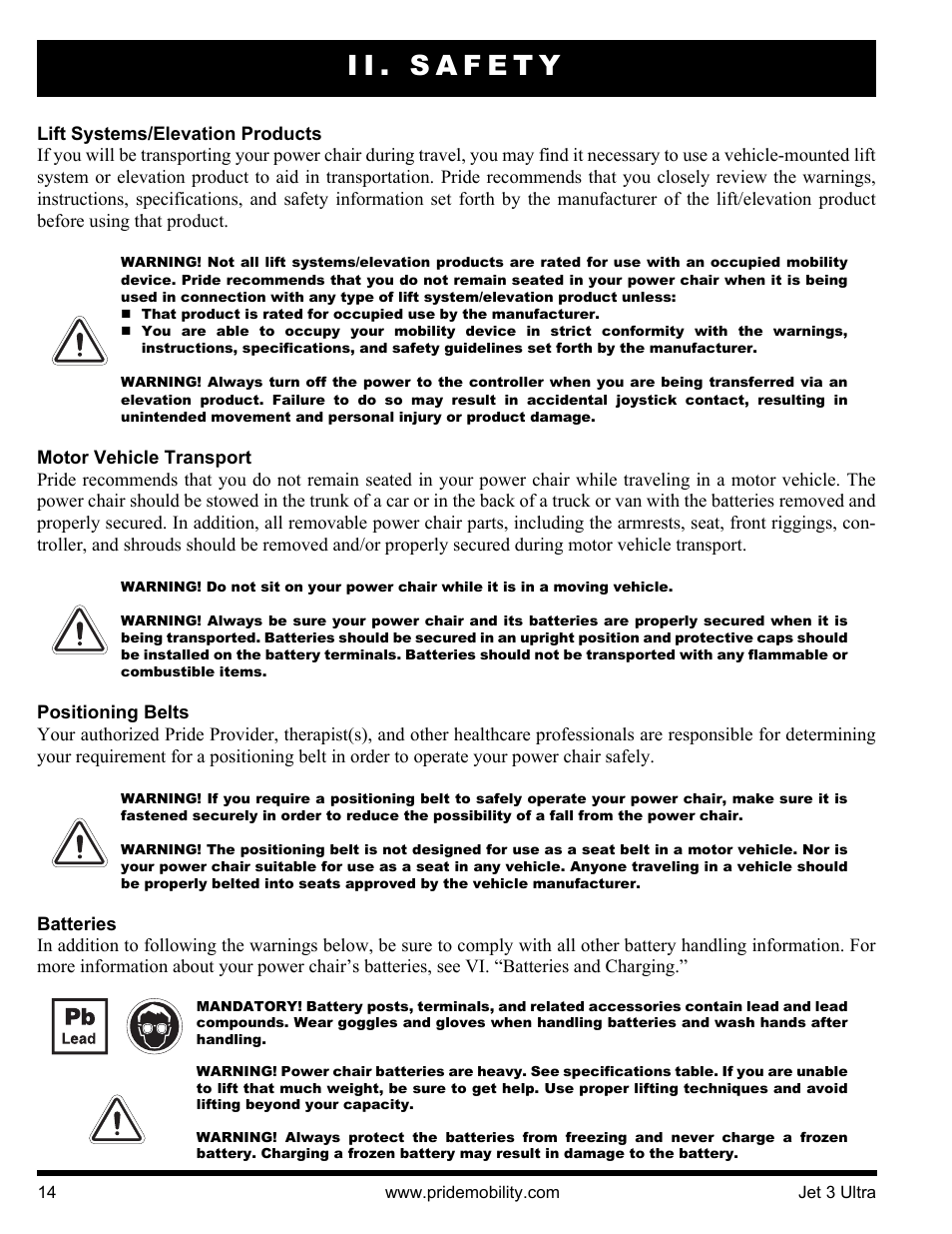 Ii. safety | Pride Mobility JET 3 User Manual | Page 14 / 48