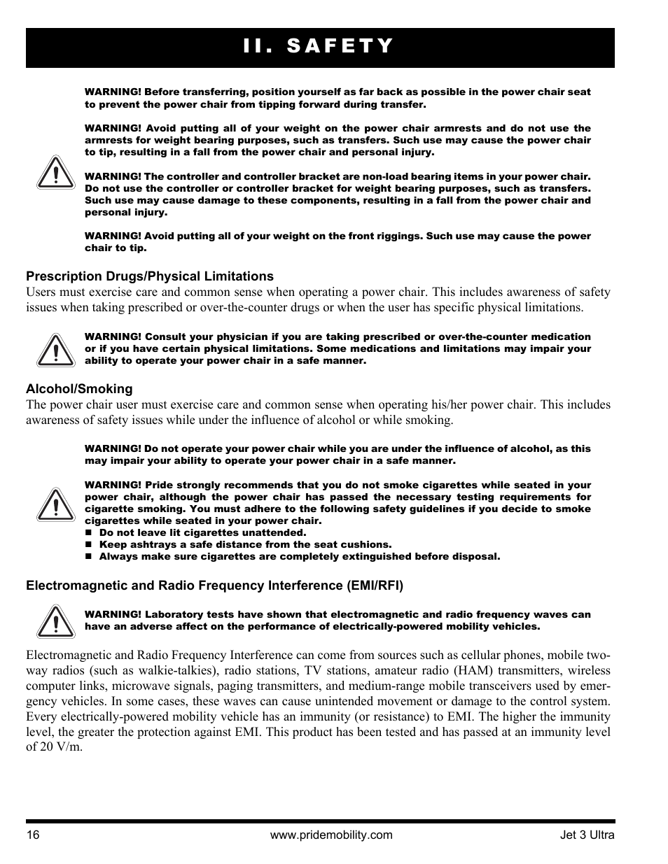 Ii. safety | Pride Mobility JET 3 User Manual | Page 16 / 48