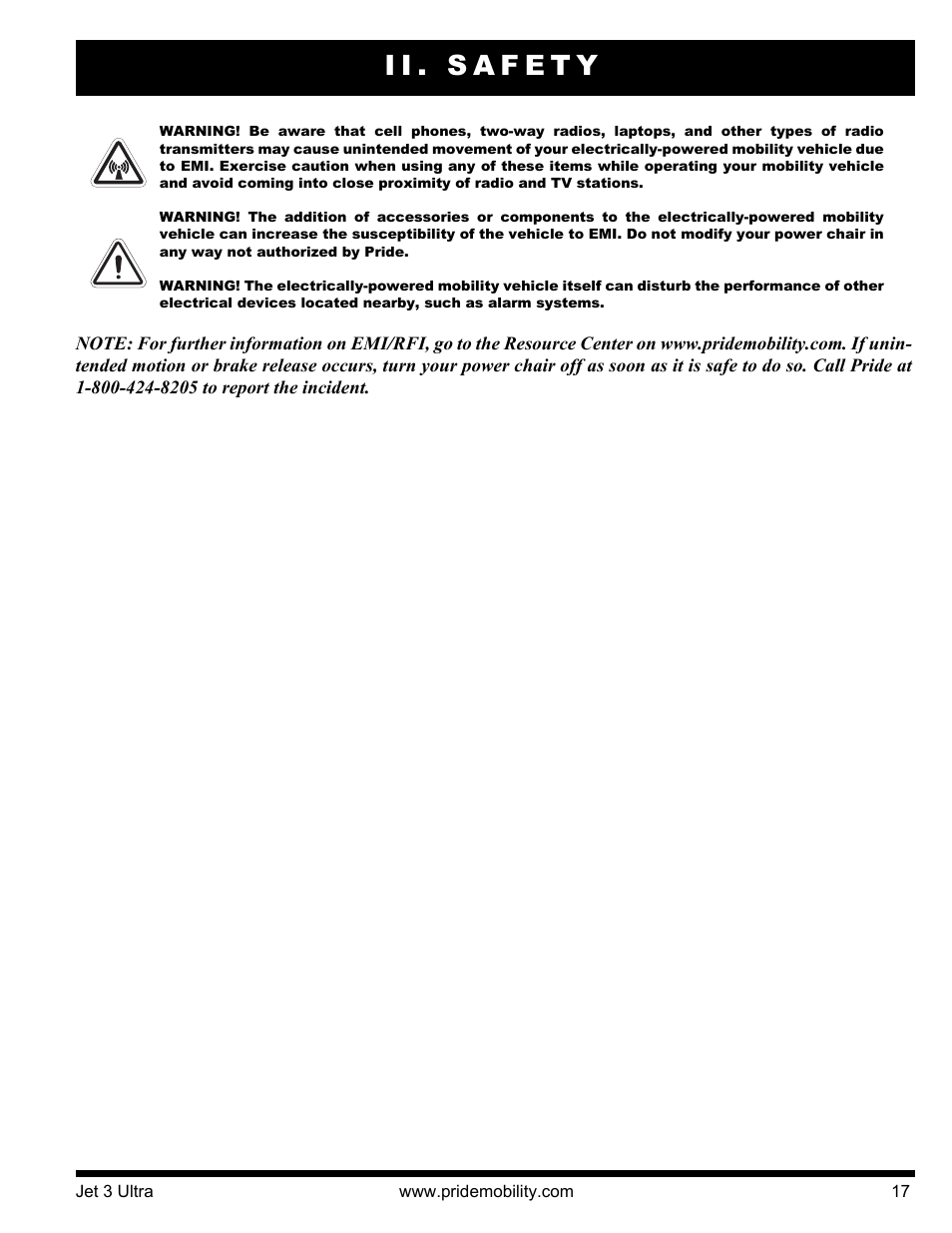Ii. safety | Pride Mobility JET 3 User Manual | Page 17 / 48