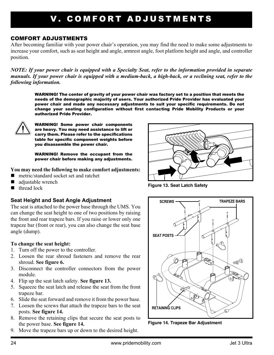 V. comfort adjustments | Pride Mobility JET 3 User Manual | Page 24 / 48