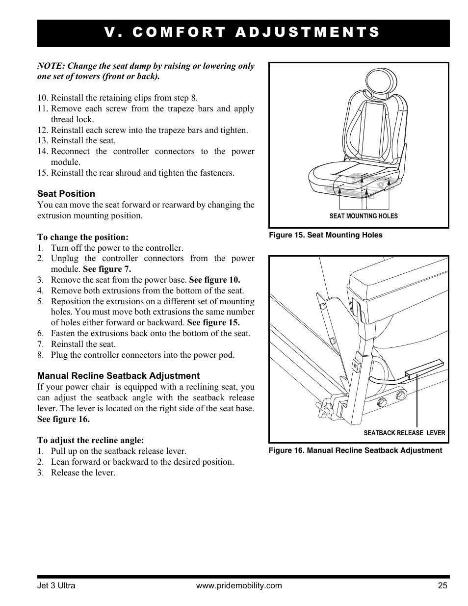 V. comfort adjustments | Pride Mobility JET 3 User Manual | Page 25 / 48