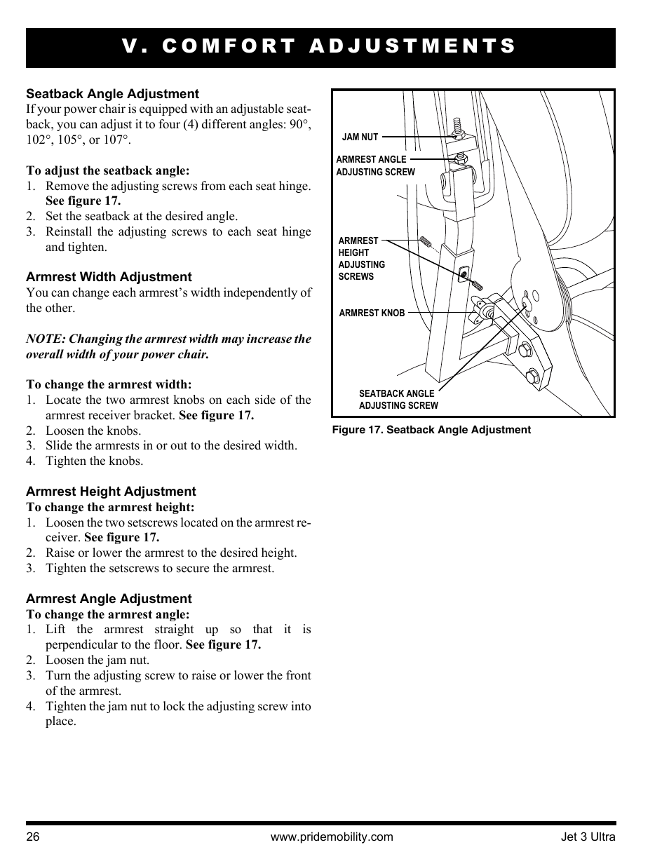 V. comfort adjustments | Pride Mobility JET 3 User Manual | Page 26 / 48