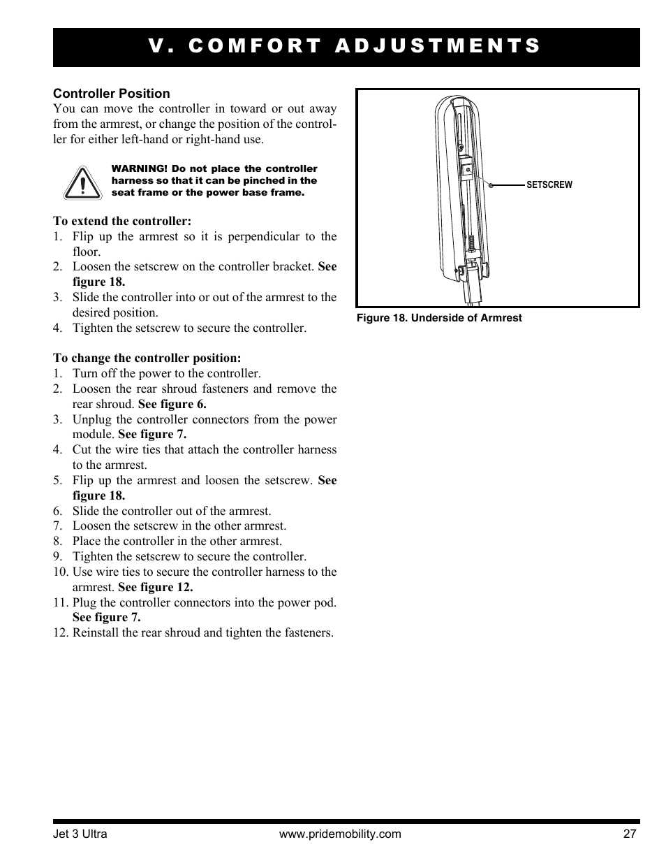 V. comfort adjustments | Pride Mobility JET 3 User Manual | Page 27 / 48