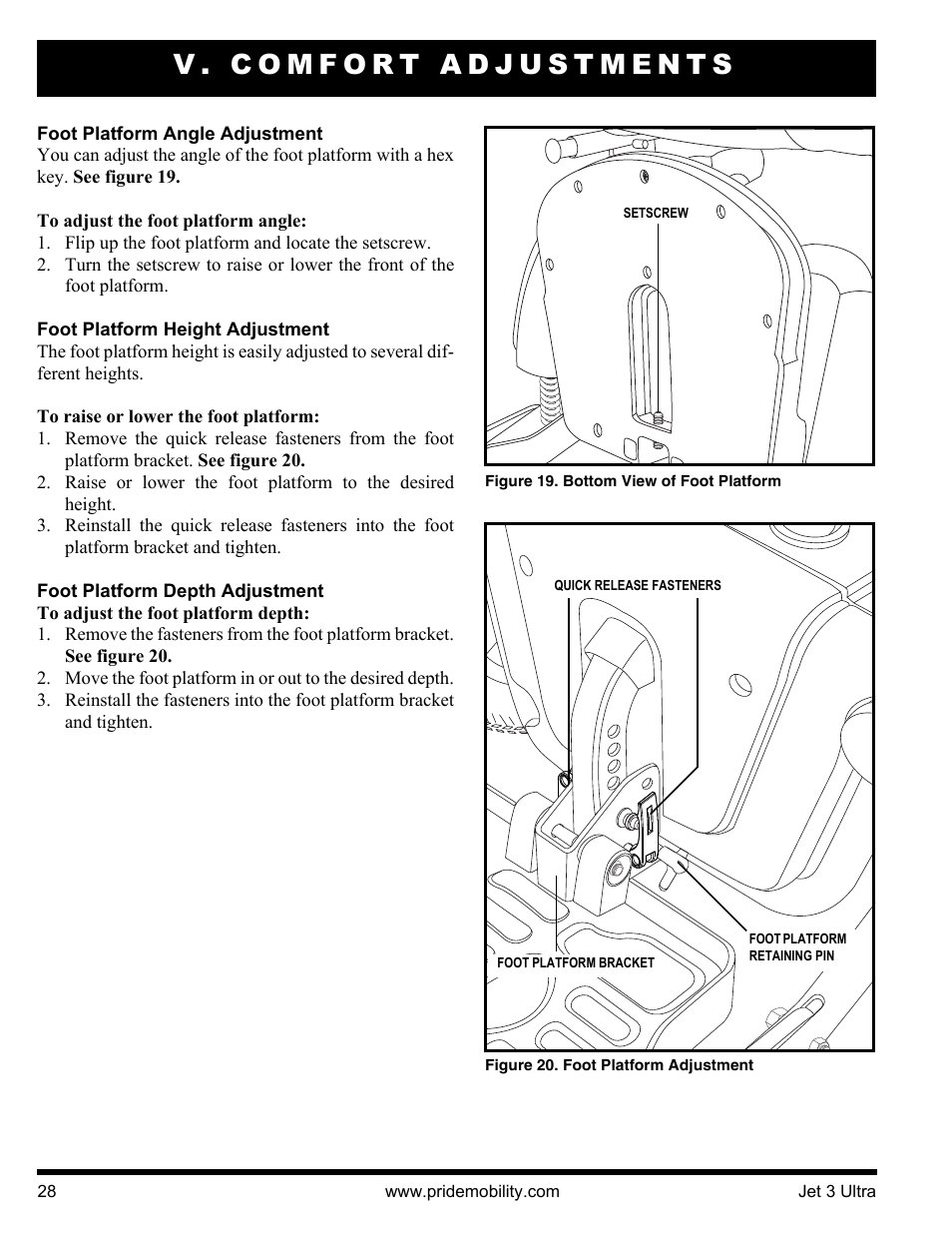 V. comfort adjustments | Pride Mobility JET 3 User Manual | Page 28 / 48