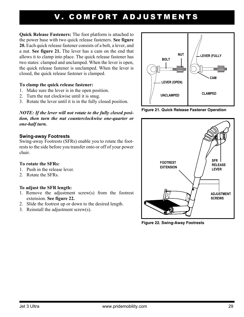 V. comfort adjustments | Pride Mobility JET 3 User Manual | Page 29 / 48