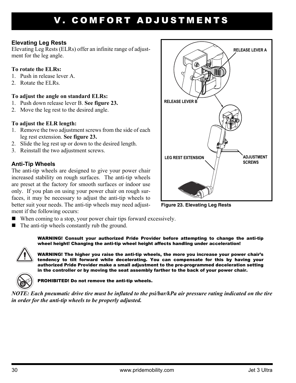 V. comfort adjustments | Pride Mobility JET 3 User Manual | Page 30 / 48