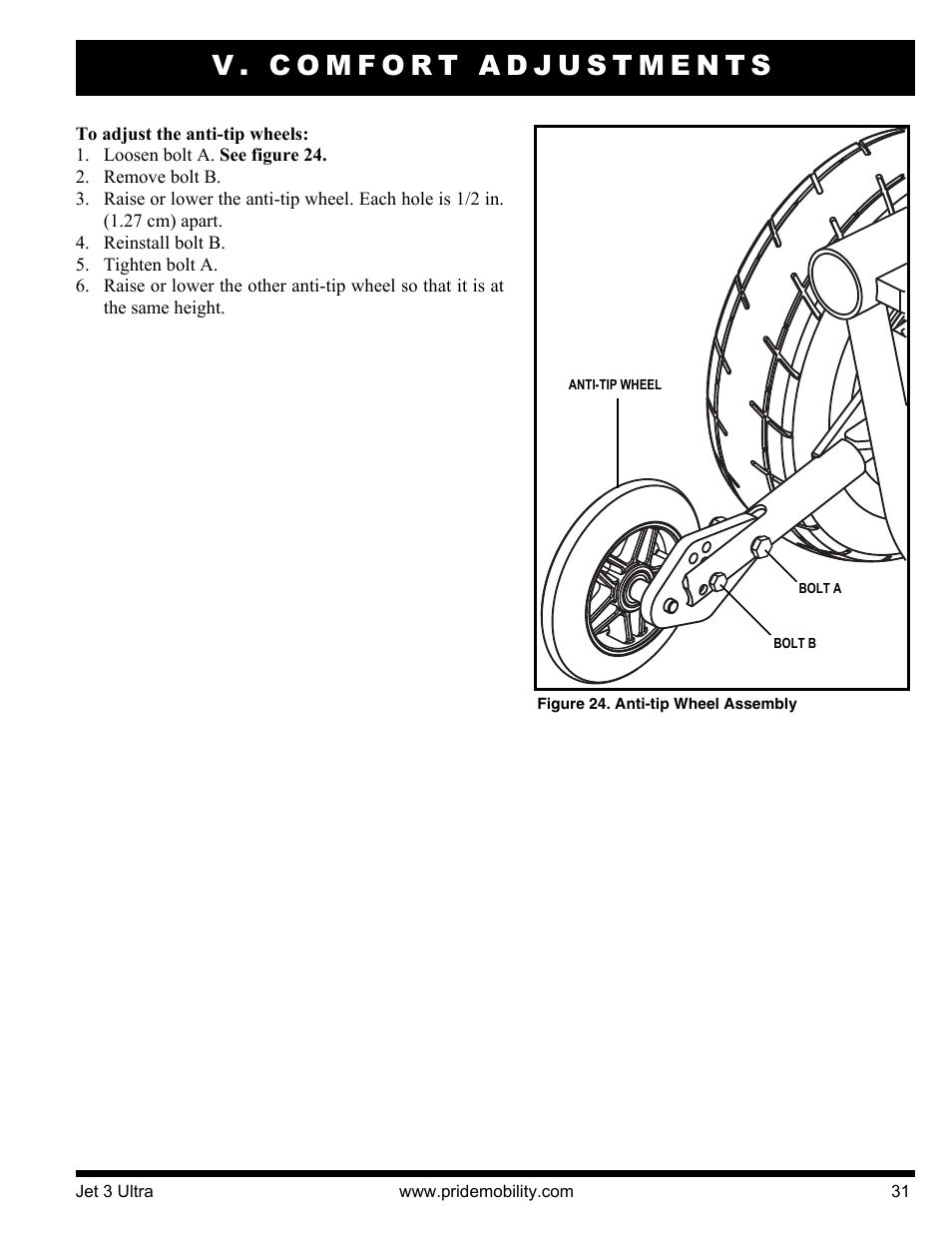 V. comfort adjustments | Pride Mobility JET 3 User Manual | Page 31 / 48