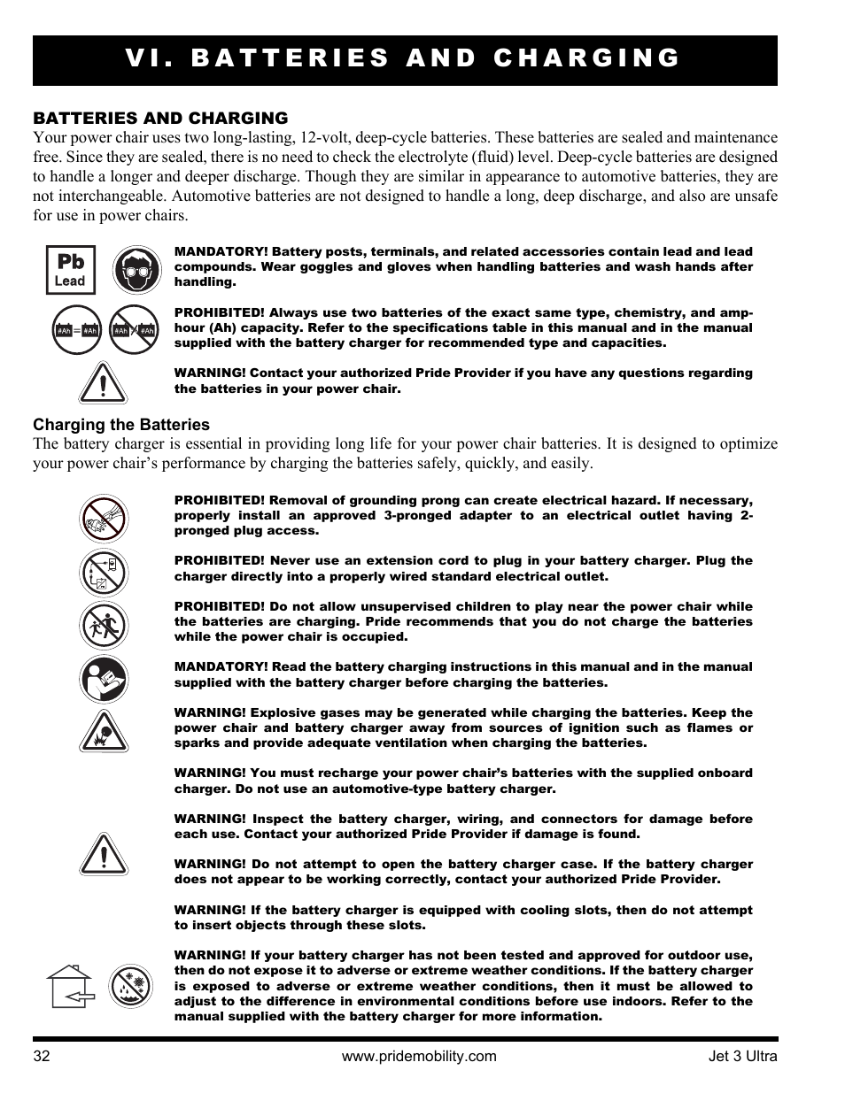 Vi. batteries and charging | Pride Mobility JET 3 User Manual | Page 32 / 48