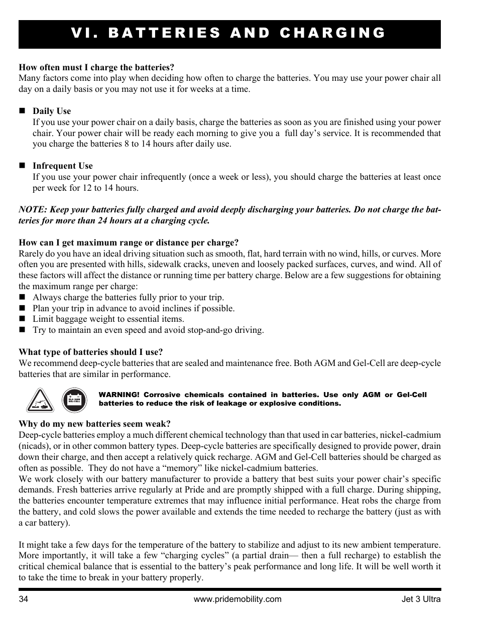 Vi. batteries and charging | Pride Mobility JET 3 User Manual | Page 34 / 48