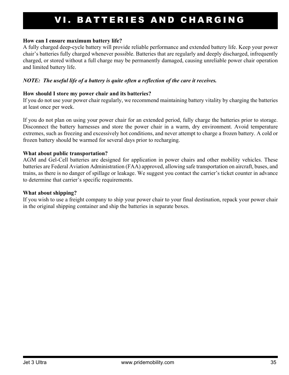 Vi. batteries and charging | Pride Mobility JET 3 User Manual | Page 35 / 48