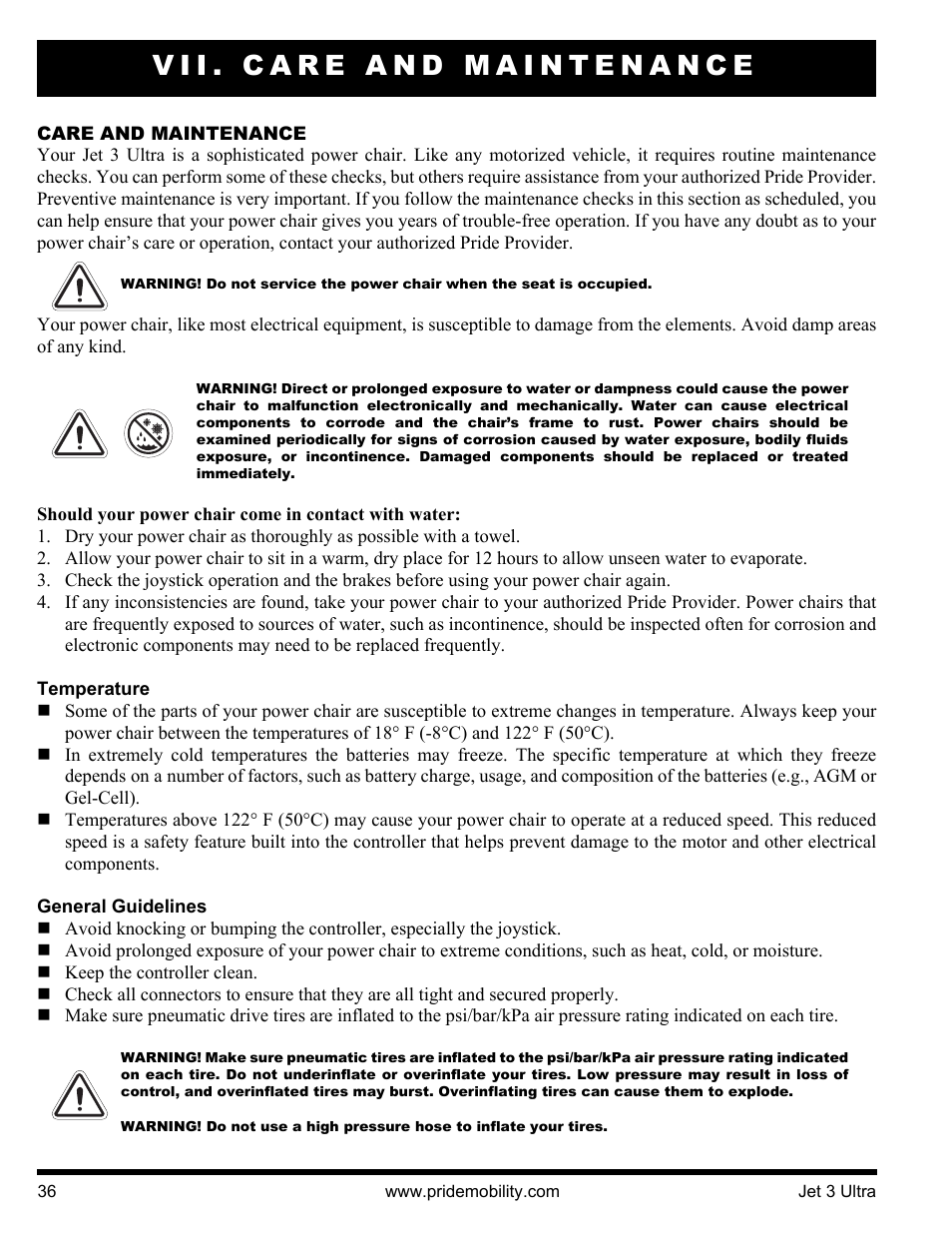 Vii. care and maintenance | Pride Mobility JET 3 User Manual | Page 36 / 48