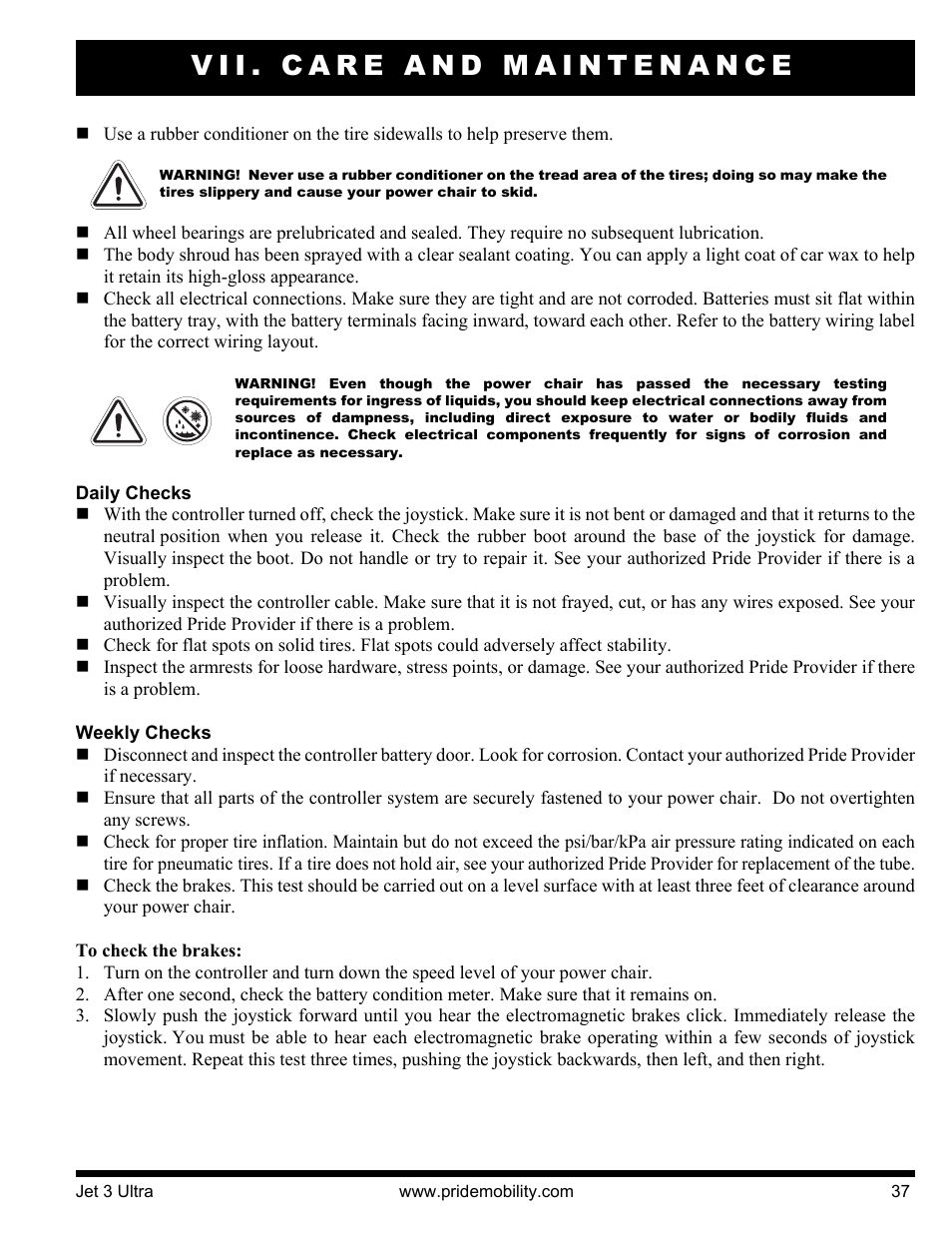 Vii. care and maintenance | Pride Mobility JET 3 User Manual | Page 37 / 48