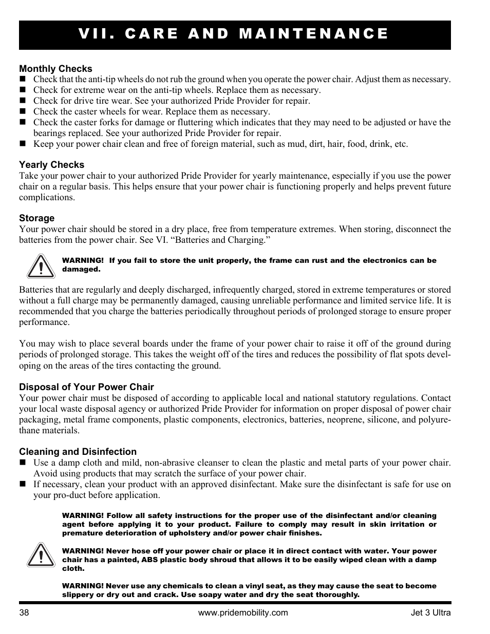 Vii. care and maintenance | Pride Mobility JET 3 User Manual | Page 38 / 48