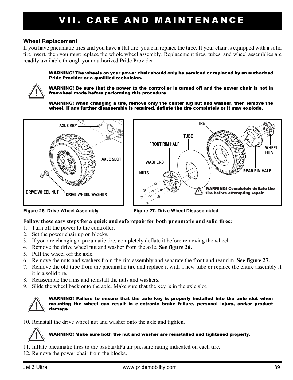 Vii. care and maintenance | Pride Mobility JET 3 User Manual | Page 39 / 48