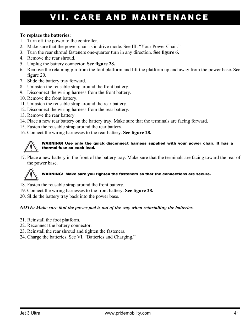 Vii. care and maintenance | Pride Mobility JET 3 User Manual | Page 41 / 48