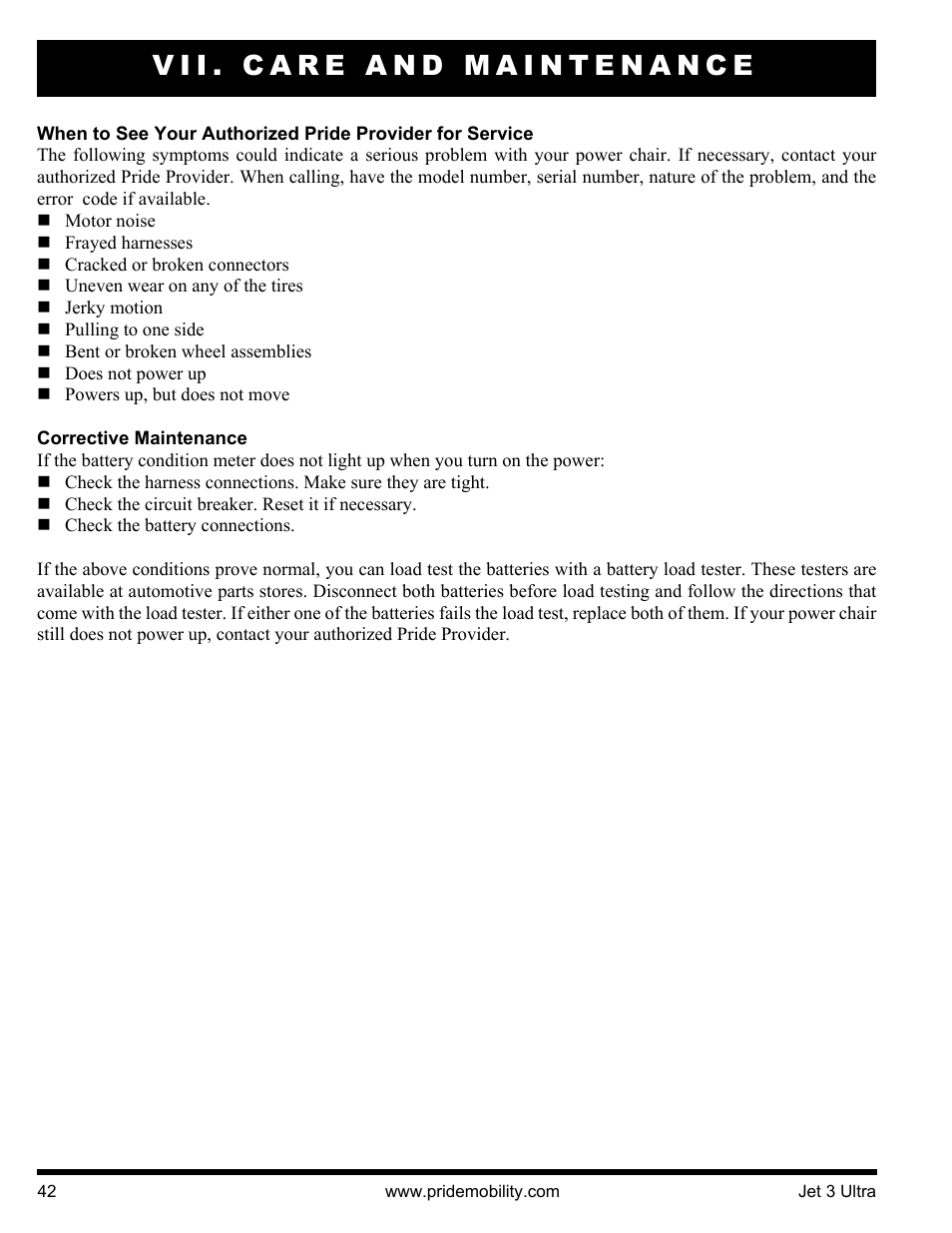 Vii. care and maintenance | Pride Mobility JET 3 User Manual | Page 42 / 48