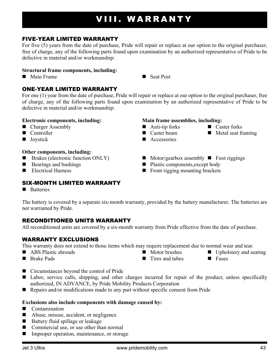 Viii. warranty | Pride Mobility JET 3 User Manual | Page 43 / 48