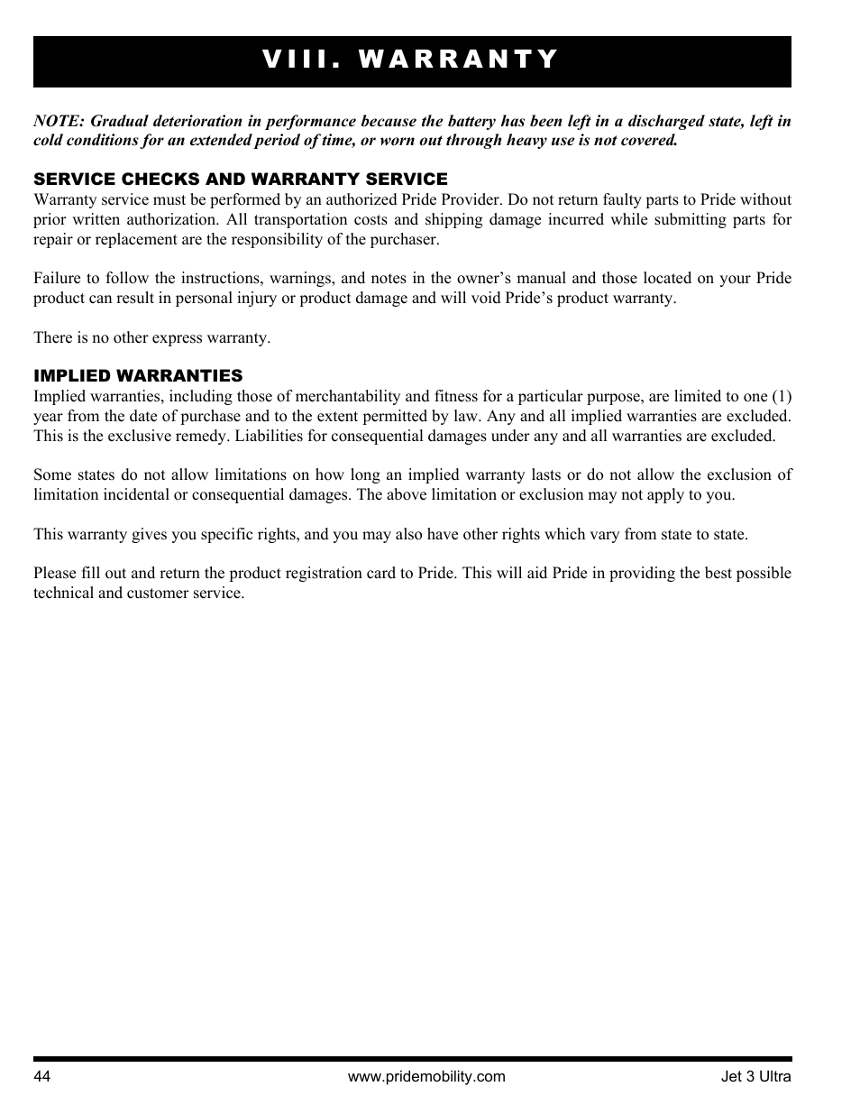 Viii. warranty | Pride Mobility JET 3 User Manual | Page 44 / 48