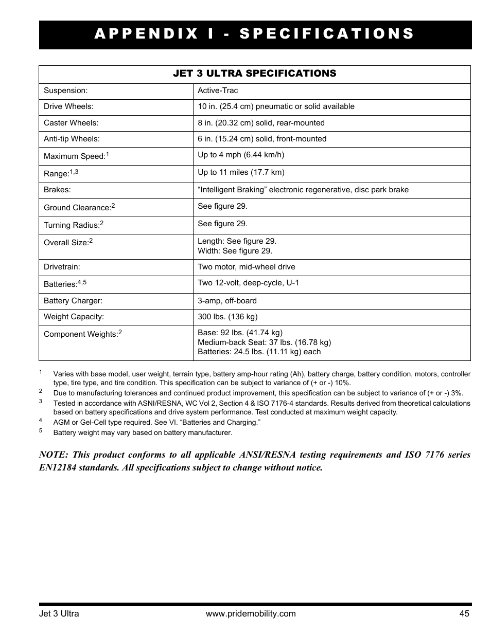 Appendix i - specifications | Pride Mobility JET 3 User Manual | Page 45 / 48