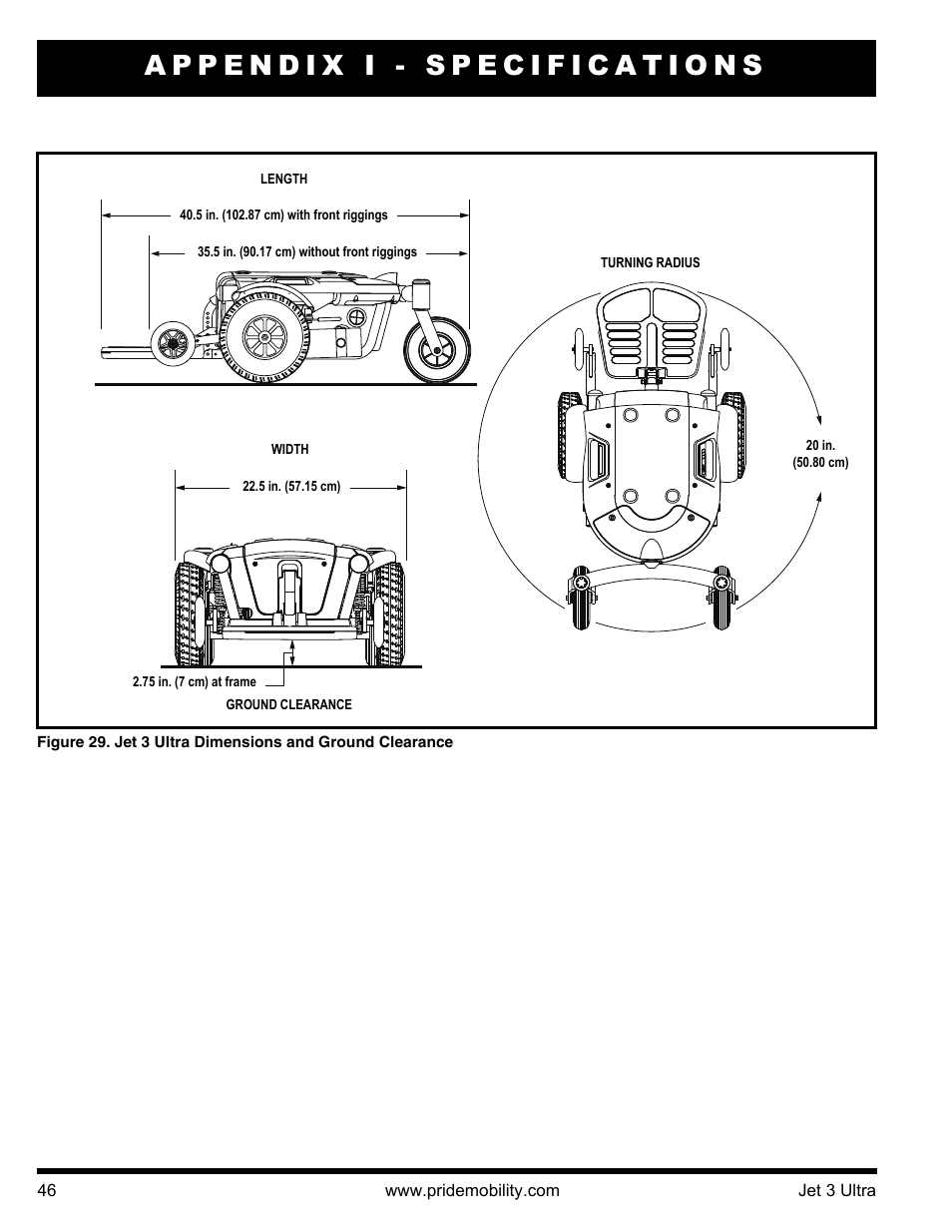 Appendix i - specifications | Pride Mobility JET 3 User Manual | Page 46 / 48