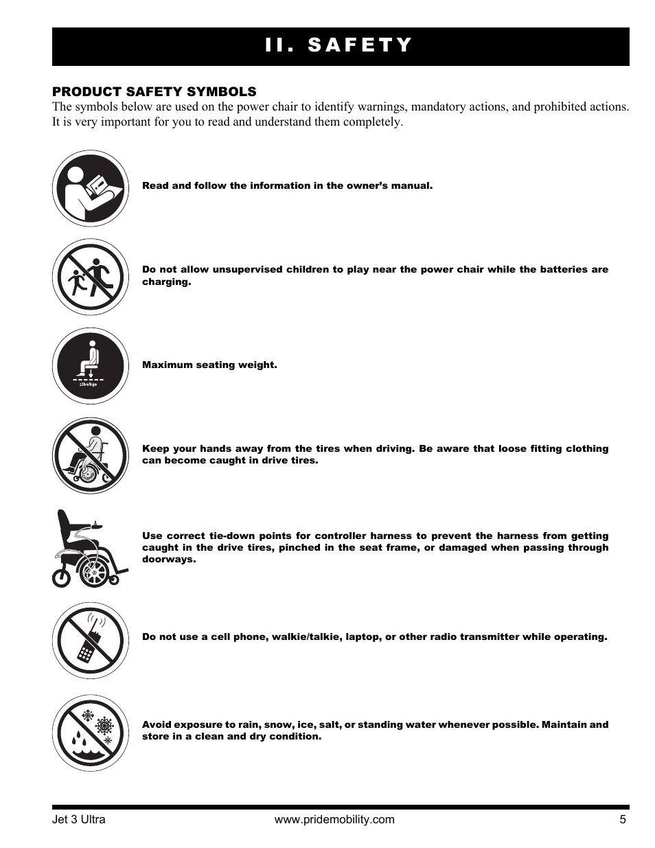 Ii. safety | Pride Mobility JET 3 User Manual | Page 5 / 48