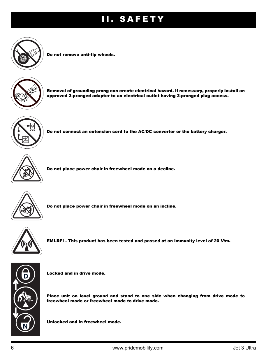 Ii. safety | Pride Mobility JET 3 User Manual | Page 6 / 48