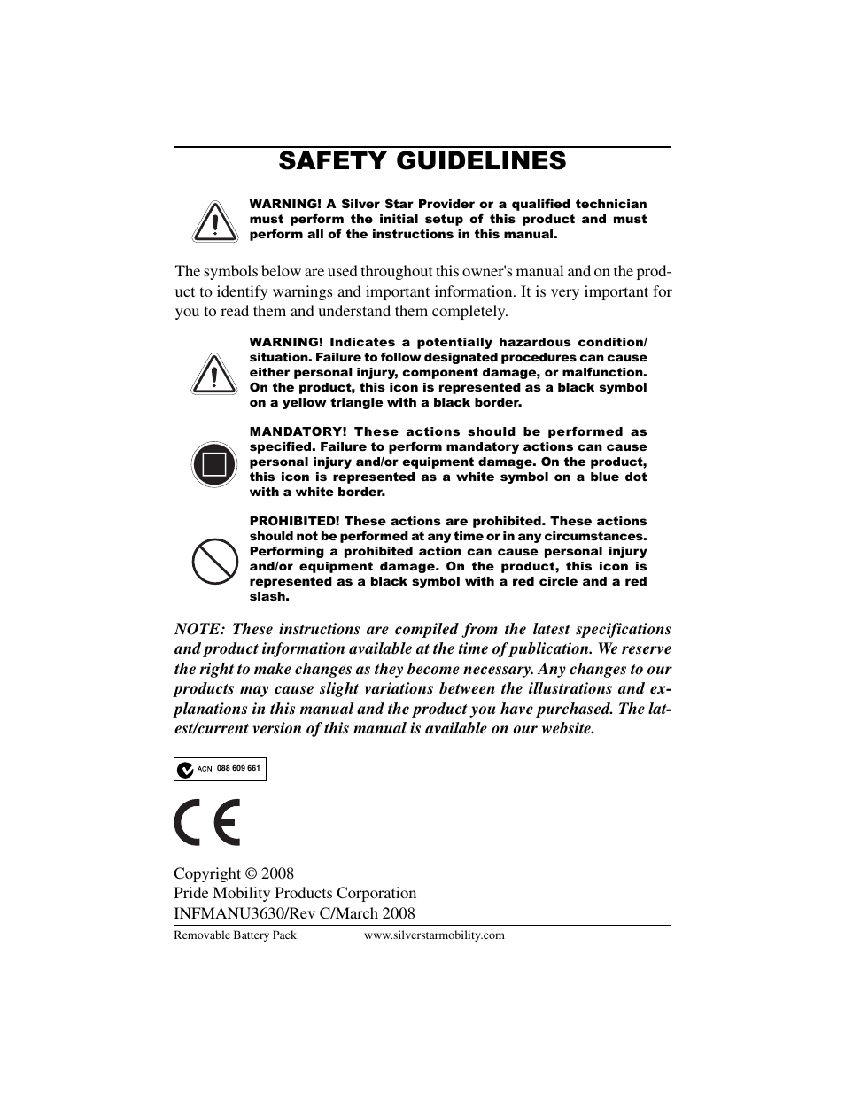 Safety guidelines | Pride Mobility Removable Battery Pack SilverStar User Manual | Page 2 / 20