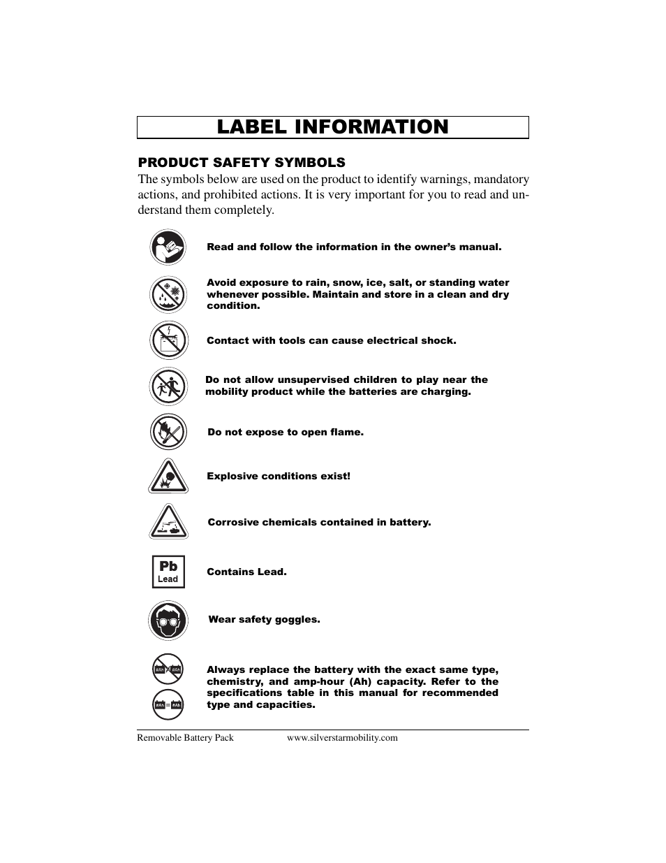 Label information | Pride Mobility Removable Battery Pack SilverStar User Manual | Page 4 / 20